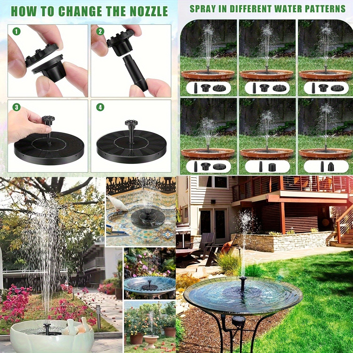 Solar-Powered Fountain for Garden, Pond & Terrace - Bird Attractor with Durable Plastic Design, High-Quality Outdoor Water Feature for Pool, Courtyard & Rockery Landscapes, Solar Powered Water Fountain, Garden Decor, Natural Aesthetic, Easy Installation,